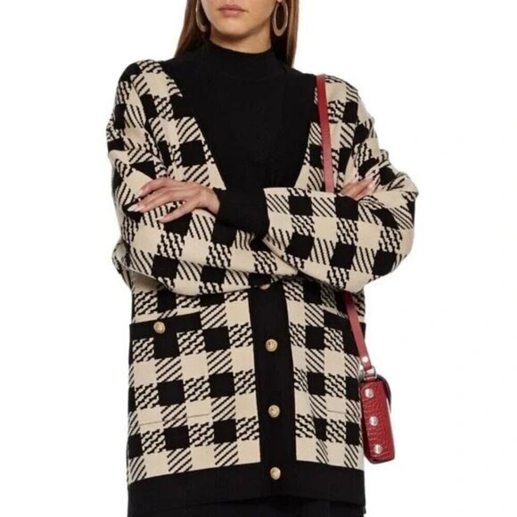 💕SANDRO💕 Jisou Oversized Checked Knitted Cardigan ~ Beige - Picture 8 of 16